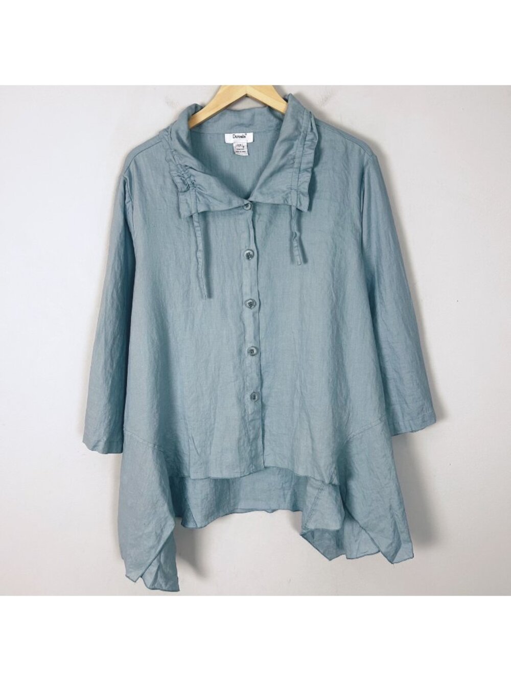 Dorman Blue Linen Button Down Shirt Collared Asymmetric Hem Size Large Women's